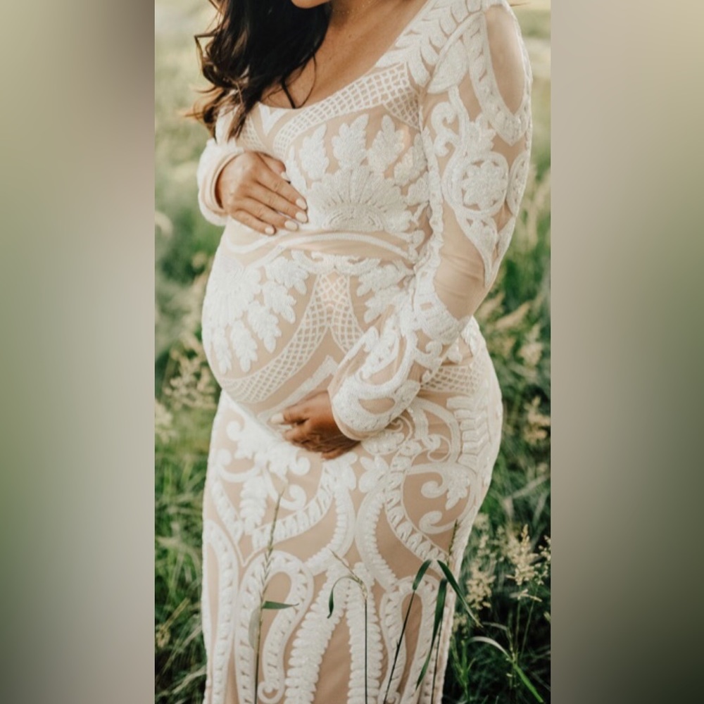 Nude White Sequins Maternity Dress
